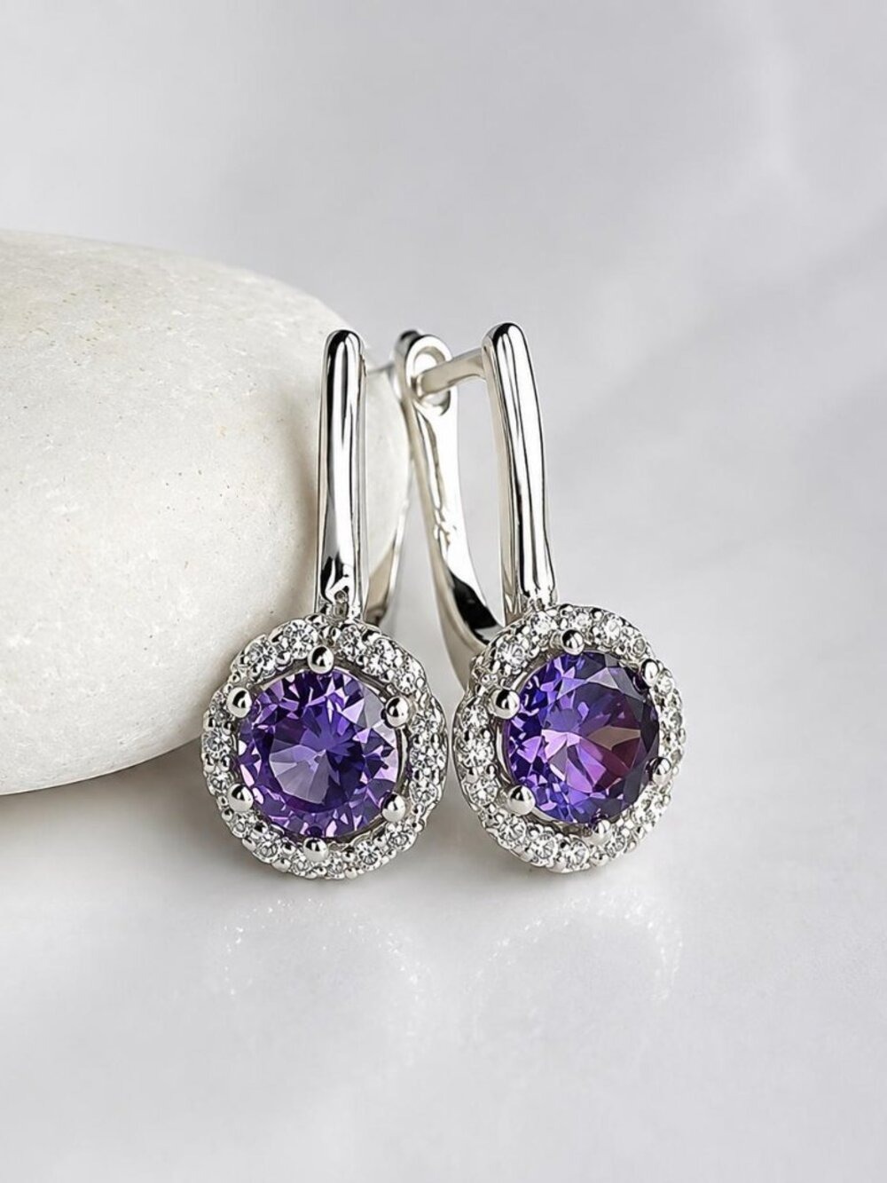Amethyst CZ halo lever back earrings Sterling Silver 🆕